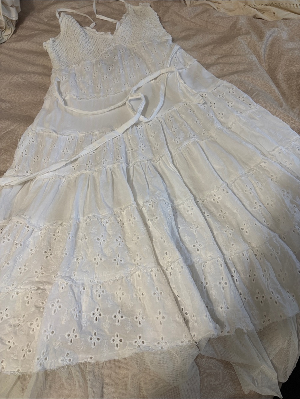 connected apparel White Eyelet Tiered Sundress with Bow Sash